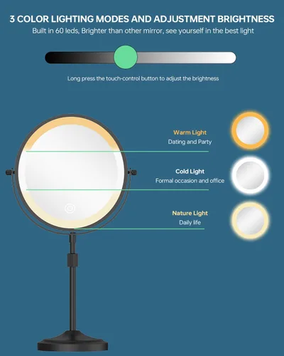 Vista 5 de Espejo de maquillaje iluminado de 9 pulgadas con aumento de 1X y 10X, espejo de tocador con aumento LED recargable de 5000mAh con luces, 3