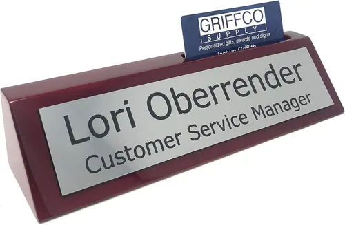 Vista 16 de Placa de nombre de escritorio personalizada con acabado de piano rojo de palisandro con tarjetero, 16 opciones de color, placa de nombre Oro