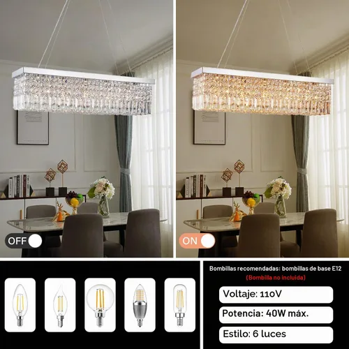 Vista 10 de Araña moderna de onda, araña rectangular de cristal con gotas de lluvia, montaje empotrado, lámpara colgante de techo cromada, ideal para comedor
