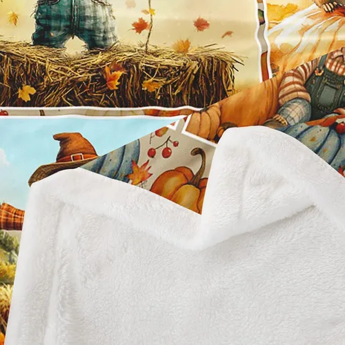 Vista 5 de Fall Scarecrow Throw Blanket,Retro Autumn Pumpinks Squirrel Bed Plush Blanket for Living Room Decor,Rustic Farmhouse Sunflowers Couch Bed Sofa Soft