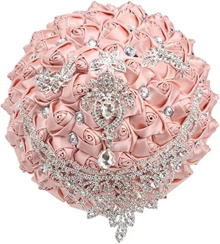 Vista 16 de Ramo de novia de boda de lujo hecho a mano, rosa de seda grande para sostener y lanzar, ramo de flores artificiales con cinta de satén, perlas