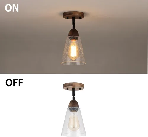 Vista 7 de Lámpara de techo rústica de cristal empotrado, mini pantalla de vidrio transparente y madera de roble, lámpara de techo semiempotrada para cocina