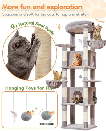 Vista 6 de Taoqimiao Heavy Duty Cat Tree, 73in Cat Tower for Indoor Cats 25 lbs+, Extra Large Cat Tree, 2 Widen Condos, Enlarged Sleeping Platform, 9