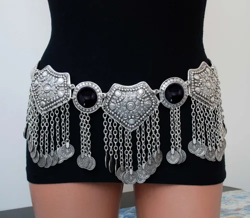 Vista 2 de idealway Cadena de cintura para el vientre para mujer, cinturón bailarín, cinturones de playa, cadena de cuerpo bohemio, moneda, borla cinturón