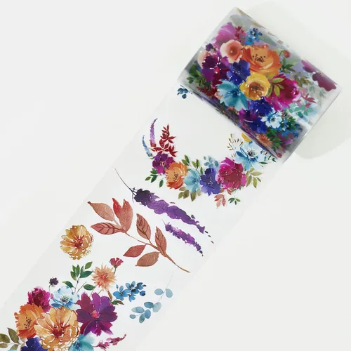 Vista 22 de WT Cinta ancha de PET azul cobalto, rollo individual, diseños originales, decoraciones florales, adhesivo transparente claro, diario basura