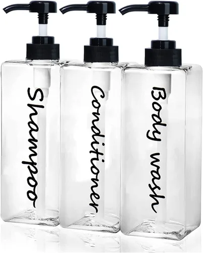 Dispensador de champú – Botellas recargables de champú y acondicionador (transparente, juego de 3, 21 onzas) – Botellas de champú modernas para