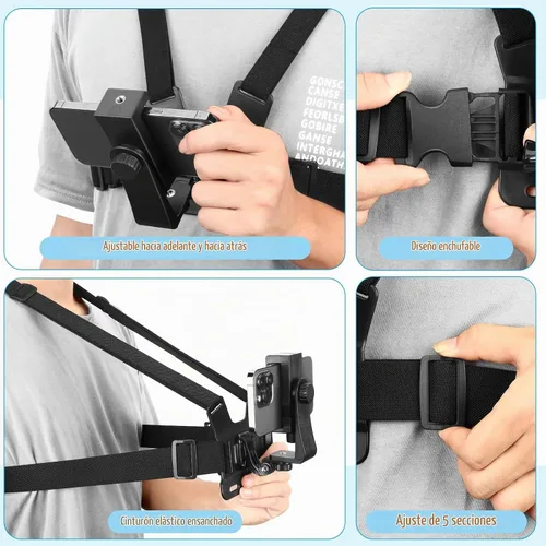 Vista 5 de Soporte de correa de pecho para teléfono para videos POV/VLOG, soporte de arnés de pecho compatible con iPhone 13 12 11Pro Max Plus, Samsung, GoPro