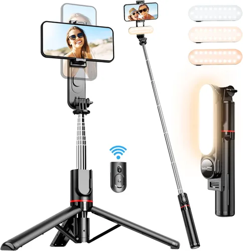 Trípode estable para selfie stick con luz de relleno, palo selfie extensible de 44 pulgadas con control remoto inalámbrico y soporte de trípode