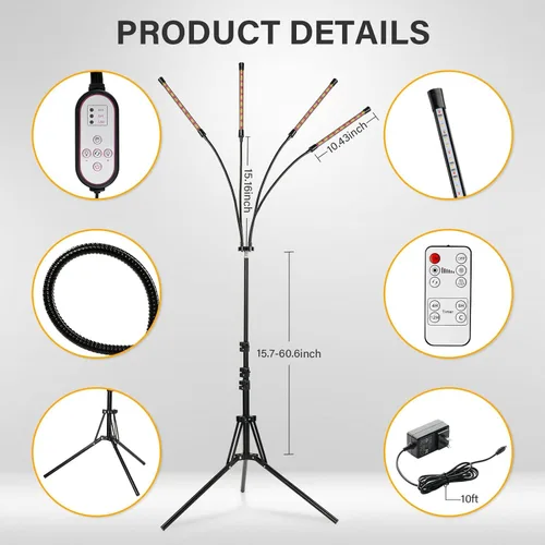 Vista 5 de iPower Luces de cultivo para plantas de interior, espectro rojo amarillo de 4 cabezas, 3 modos de luz y 10 niveles regulables con control remoto