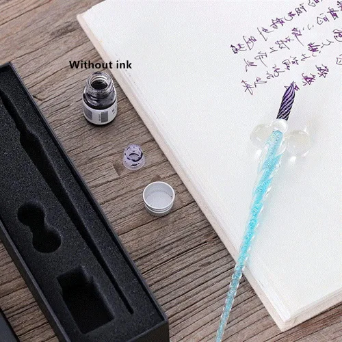 Vista 6 de Earlyred Juego de plumas para caligrafía, pluma de inmersión de vidrio hecha a mano, soporte para pluma de cristal, pluma fuente con goteo