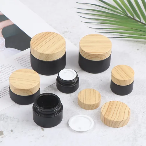 Vista 8 de 10 frascos vacíos de 0.35 oz/0.3 fl oz, frascos vacíos de vidrio esmerilado negro para crema, frascos con tapas de grano de madera, recipiente