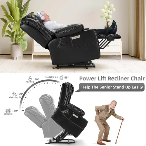 Vista 4 de Power Lift Sillón Reclinable de Cuero con Masaje y Calor, Silla Lazy Boy con Portavasos, Puertos USB y Tipo C, Control Remoto (Negro)