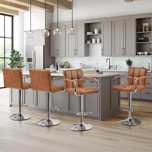 Vista 145 de Yaheetech - 4 taburetes de bar ajustables de terciopelo, taburetes de cocina, sillas de comedor giratorias hidráulicas con reposabrazos, terciopelo