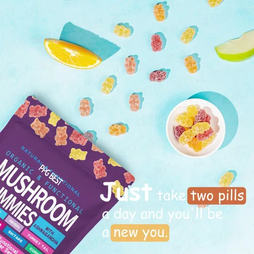 Vista 2 de Suplemento de gomitas de hongos orgánicos y funcionales ASHWAGANDHA, REISHI, cola de pavo MAITAKE, SHATAKE Chaga CORDYCEPS BOOSTS Cognitive