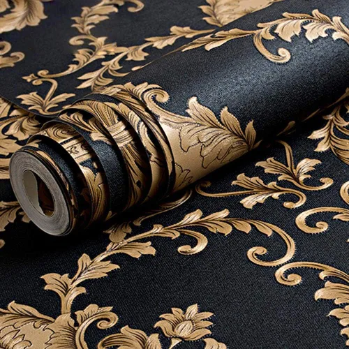 QIHANG - Rollo de papel pintado en relieve profundo de damasco negro clásico europeo para sala de estar, hotel, TV, telón de fondo de 1.7 ft x 32.8