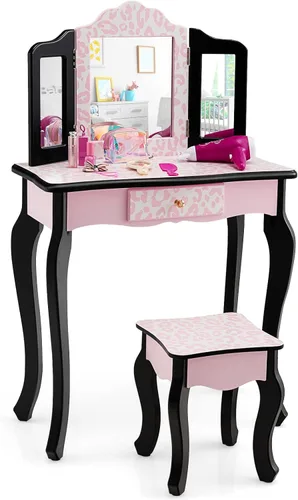 Vista 15 de HONEY JOY Juego de tocador para niños, mesa de maquillaje de madera estilo princesa con taburete y cajón, espejo de triple plegado, parte superior