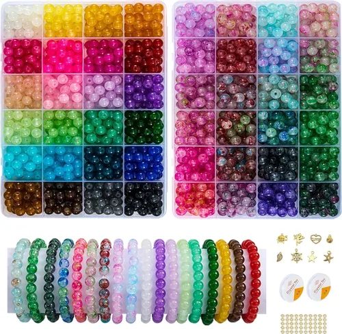 Paquete de 2: más de 1300 cuentas redondas de vidrio para la fabricación de joyas, cuentas de cristal de 48 colores de 0.315 pulgadas para pulseras,