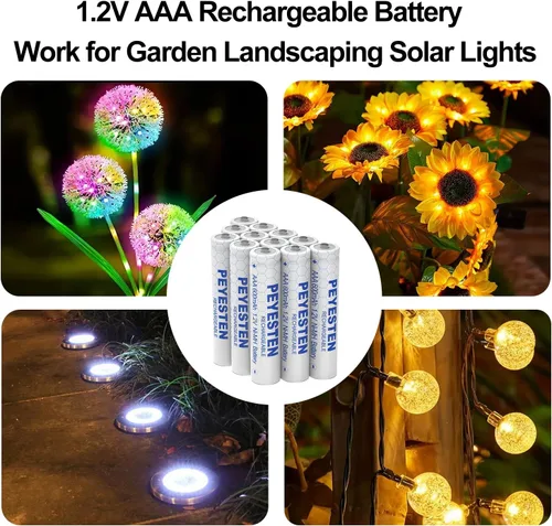Vista 2 de Baterías AAA recargables, baterías solares Ni-MH de 600 mAh, triple A de alta capacidad 1.2 V precargadas para luces solares al aire libre, luces