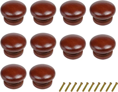 Paquete de 10 pomos redondos de madera para cajones con acabado marrón rojo y marrón en forma de hongo para gabinetes de cocina, muebles, aparador,