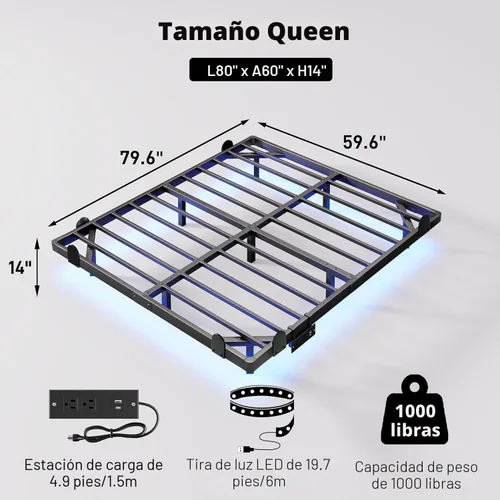Vista 2 de qimamo Marco de cama flotante de 14 pulgadas tamaño matrimonial con luces LED inteligentes y estación de carga, marco de cama moderno de metal
