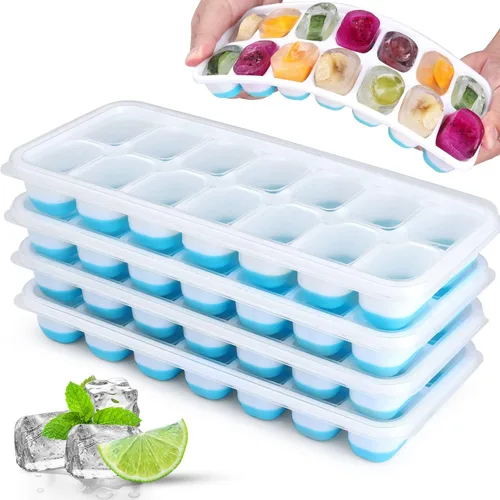 Bandeja de silicona para cubitos de hielo, paquete de 4 bandejas de 14 cubitos de hielo flexibles y de fácil liberación con tapa extraíble