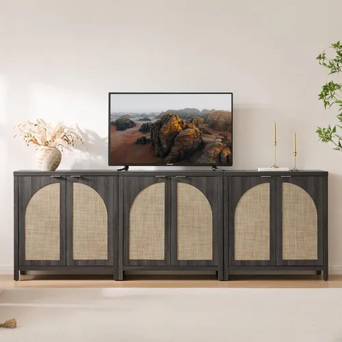 Vista 4 de SICOTAS - Aparador de buffet con almacenamiento de ratán, gabinete de credenza moderno con puertas de arco y estantes ajustables, gabinetes