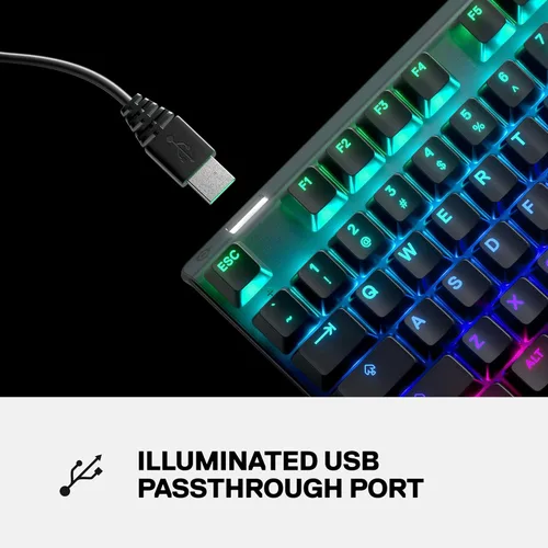 Vista 6 de SteelSeries Apex 7 Teclado mecánico para videojuegos Pantalla inteligente OLED Pasaje USB y controles multimedia Táctil y silencioso