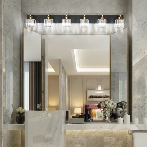 Vista 2 de Aipsun Accesorios de Iluminación para Baño Luz de Tocador de Cristal Negra y Dorada de 6 Luces Accesorios de Iluminación para Tocador