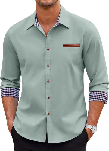 COOFANDY Camisas casuales de manga larga con botones para hombre, camisas sin tapar, cuello a cuadros, camisa de mezclilla vintage