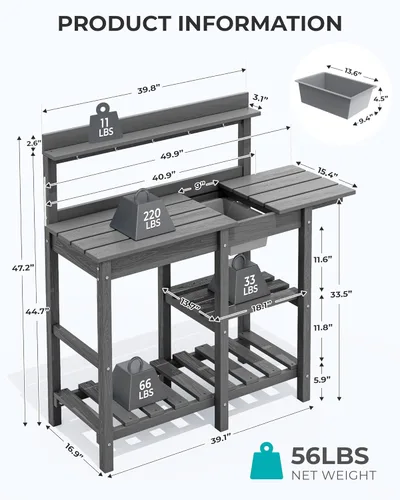 Vista 3 de SERWALL Banco de macetas para exteriores con fregadero extraíble, mesa para macetas de polietileno de alta densidad resistente a la putrefacción Gris