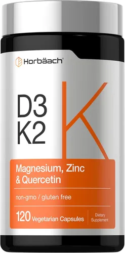 Horbäach Vitamina D3 K2 | 5000 UI D3 | 120 cápsulas | con magnesio, zinc y quercetina | Vegetariano, sin OMG, suplemento sin gluten