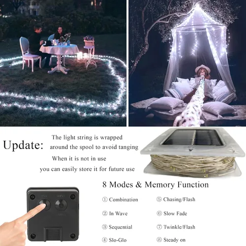 Vista 3 de Joomer - Tira de luces solares de hadas, paquete de 2, total 80 pies, 240 LED, luces de cuerda solar para exteriores, impermeables, 8 modos