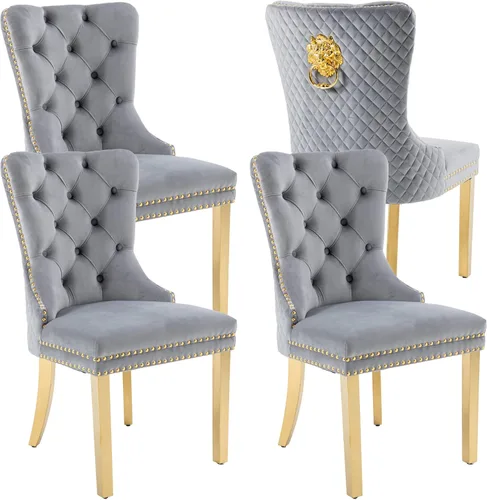 Vista 22 de KCC Juego de 2 sillas de comedor tapizadas de terciopelo, modernas sillas capitoné con botones con anillo de cabeza de león y patas de acero