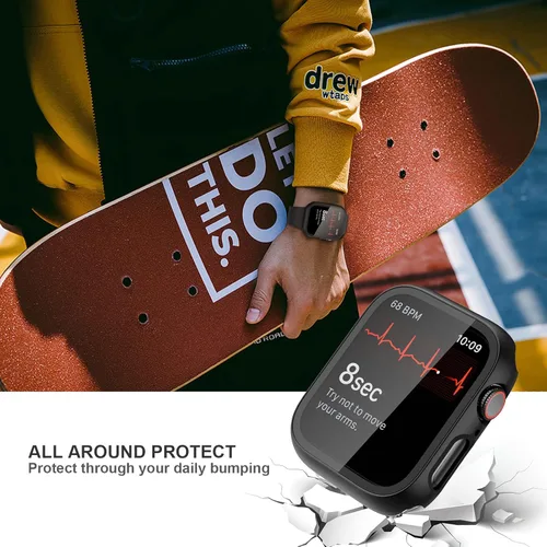 Vista 4 de JZK - 2 fundas con protector de pantalla de vidrio templado para Apple Watch Series 3/2/1 de 38 mm, ultradelgadas, de cobertura completa, Negro/Negro