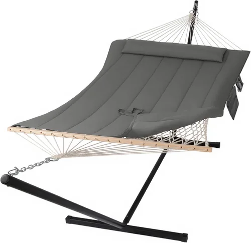 Vista 13 de SUNCREAT Hamaca doble para exteriores con soporte incluido, hamaca portátil de cuerda de algodón para 2 personas para exteriores, patio, jardín