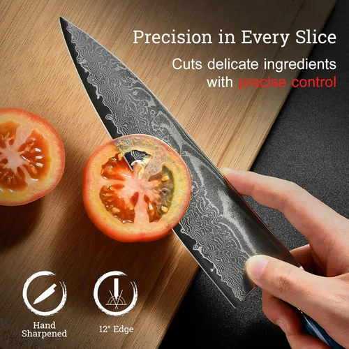 Vista 6 de Cuchillo de Chef Japonés, Cuchillo de Cocina Damasco de 8 Pulgadas con Acero VG10, Cuchillo Afilado Hecho a Mano con Mango Ergonómico, Cuchillos