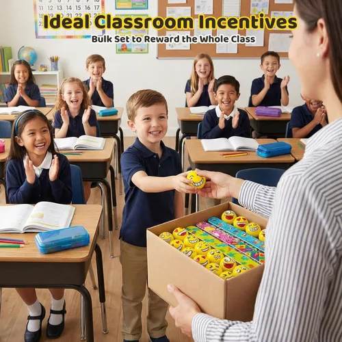 Vista 5 de LovesTown Mini bolas antiestrés, 36 bolas de 2 pulgadas con cara sonriente para apretar, color amarillo, divertidas, de espuma, juguetes