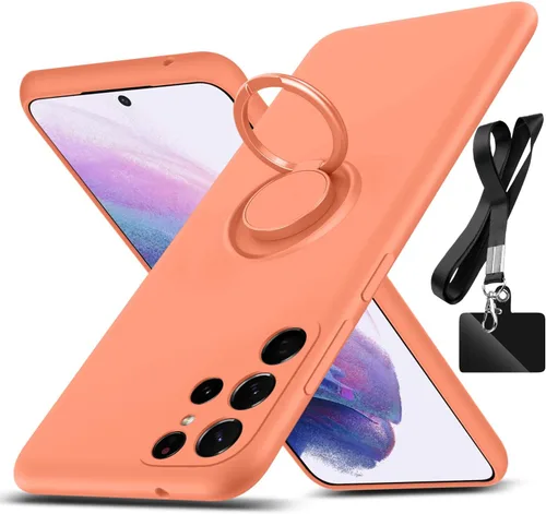 Vista 8 de Funda para Galaxy S22 Ultra, con soporte de anillo giratorio de 360° y cordón de correa de silicona líquida delgada a prueba de golpes para Galaxy