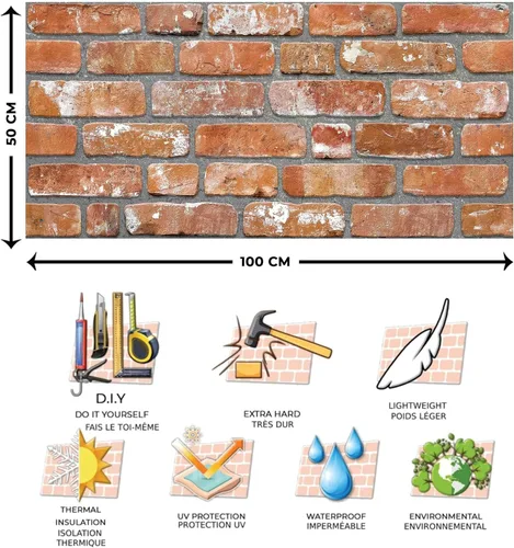 Vista 3 de Dundee Deco Paneles de pared 3D de ladrillo sintético, revestimiento, paneles de pared con aspecto de piedra roja y naranja, revestimiento de espuma