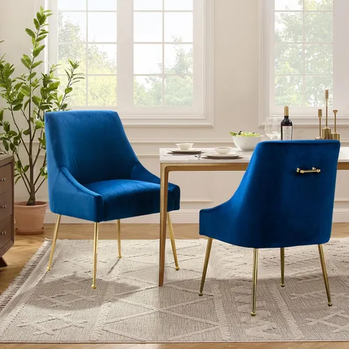 Juego de 2 sillas de comedor de terciopelo, sillas de comedor tapizadas con patas de metal dorado pulido, sillas auxiliares de cocina de granja, Azul