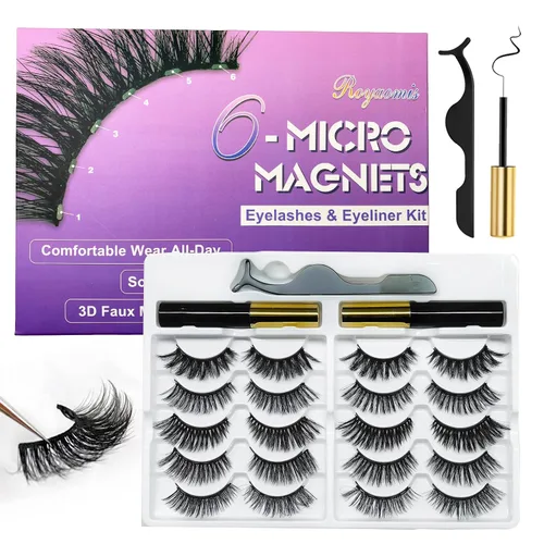 Royaomis 10 pares de pestañas magnéticas de ojo de gato con delineador de ojos, pestañas magnéticas 3D, aspecto natural con delineador de ojos,
