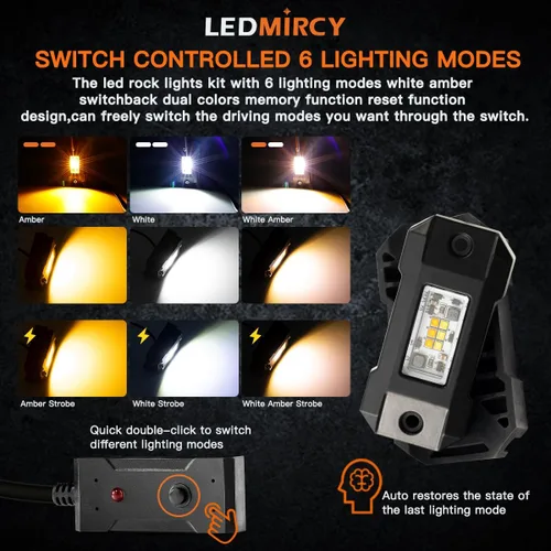 Vista 2 de Kit de Luces de Roca Switchback LEDMIRCY Estroboscópicas Blancas y Ámbar 12 Módulos 6 Modos Función de Memoria Función de Reinicio con Arnés