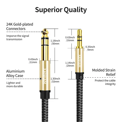 Vista 3 de Cable de audio estéreo de 0.138 in a 1/4 de 3.3 pies/3.3 ft, cable auxiliar TRS macho TRS de 1/4 pulgadas, doble blindado con trenzado