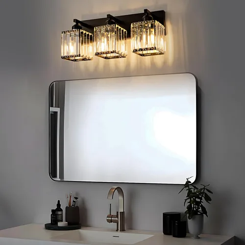 Vista 2 de Lámpara negra para tocador de baño, 3 luces, lámpara de pared de baño de cristal, luz moderna sobre espejo (excluye la bombilla)