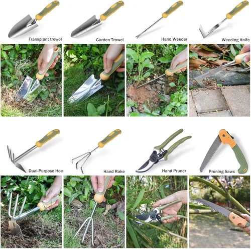 Vista 3 de WisaKey - Juego de herramientas de jardín de 9 piezas de acero inoxidable resistente con asa, bolsa de herramientas de jardín duradera, regalos