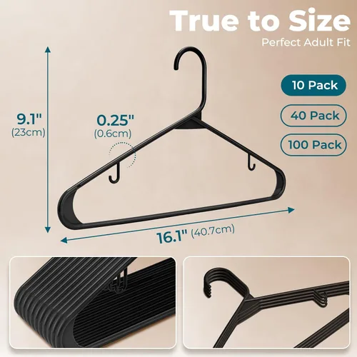 Vista 3 de HOUSE DAY Paquete de 10 perchas de plástico color negro, perchas de plástico con ganchos integrados, percha duradera y fuerte para armario, ahorro