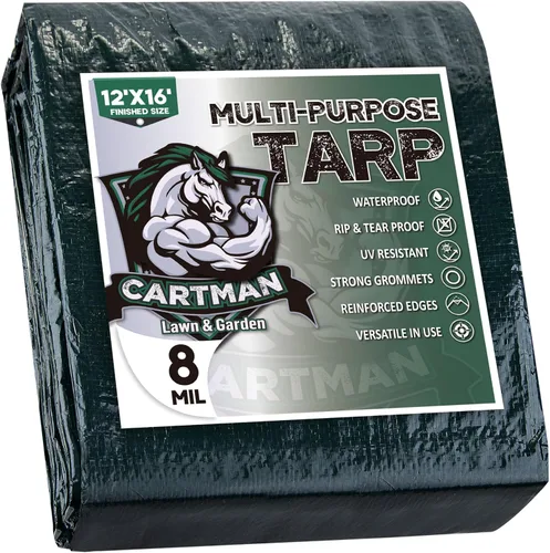 Vista 24 de CARTMAN Lona verde impermeable de 6 x 8 pies, tamaño acabado, 8 mil de grosor, cubierta protectora multiusos para emergencia, refugio de lluvia