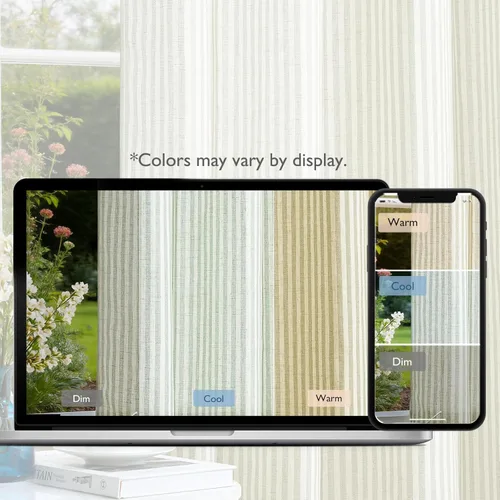 Vista 8 de Vangao Cortinas de lino a rayas verdes de 63 pulgadas de largo para sala de estar, dormitorio, cortinas de lino con filtro de luz, cortinas