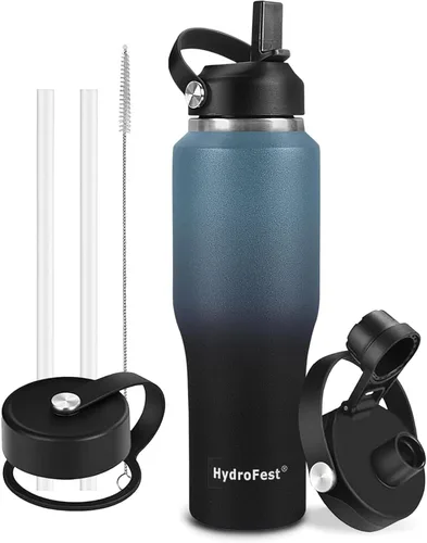 Vista 12 de Botella de agua de 32 onzas aislada con popote, botellas de agua a prueba de fugas, botella de agua para hombre, acero inoxidable para gimnasio