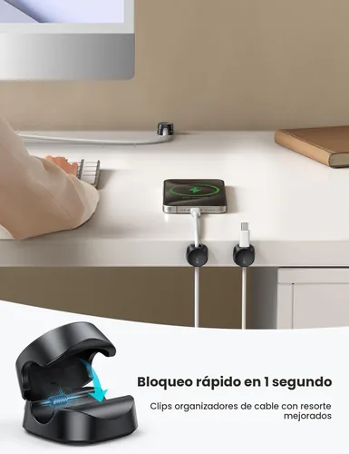 Vista 2 de Lamicall - Organizador de cables [1s Lock] Clips de soporte de cables de resorte, paquete de 6 clips de organización de cables de escritorio, cable